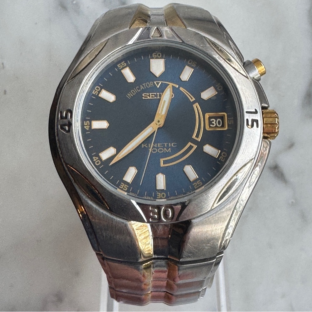 Seiko Kinetic Blue Dial Mens Date Watch w/ Goldtone Trim and a New Capacitor